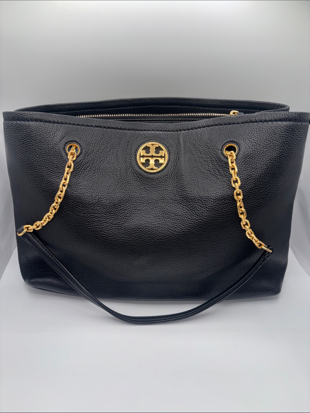 Tory Burch Black Pebbled Leather Tote with Gold Chain Handles